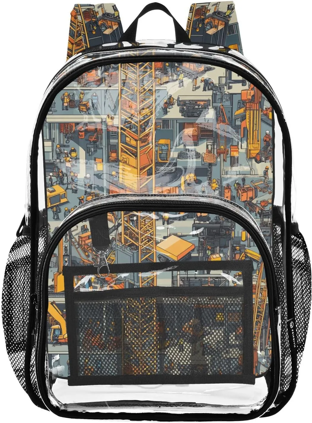 Construction Scene Building Bridges Concrete Mixer Truck Tower Crane Clear Backpack For School Clear Kid Backpack For Teen Girls Transparent Seethrough Heavy Duty Bag
