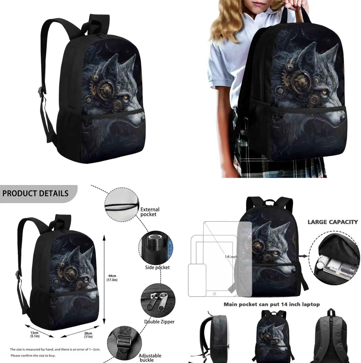 Cool Wolf Backpacks for School Boys Backpack and Lunch Box Set 17 Inch Elementary School Bags for Boys BookBag with Water Bottle Sleeve Pencil Case 4 Piece Daypack