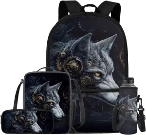 Cool Wolf Backpacks for School Boys Backpack and Lunch Box Set 17 Inch Elementary School Bags for Boys BookBag with Water Bottle Sleeve Pencil Case 4 Piece Daypack