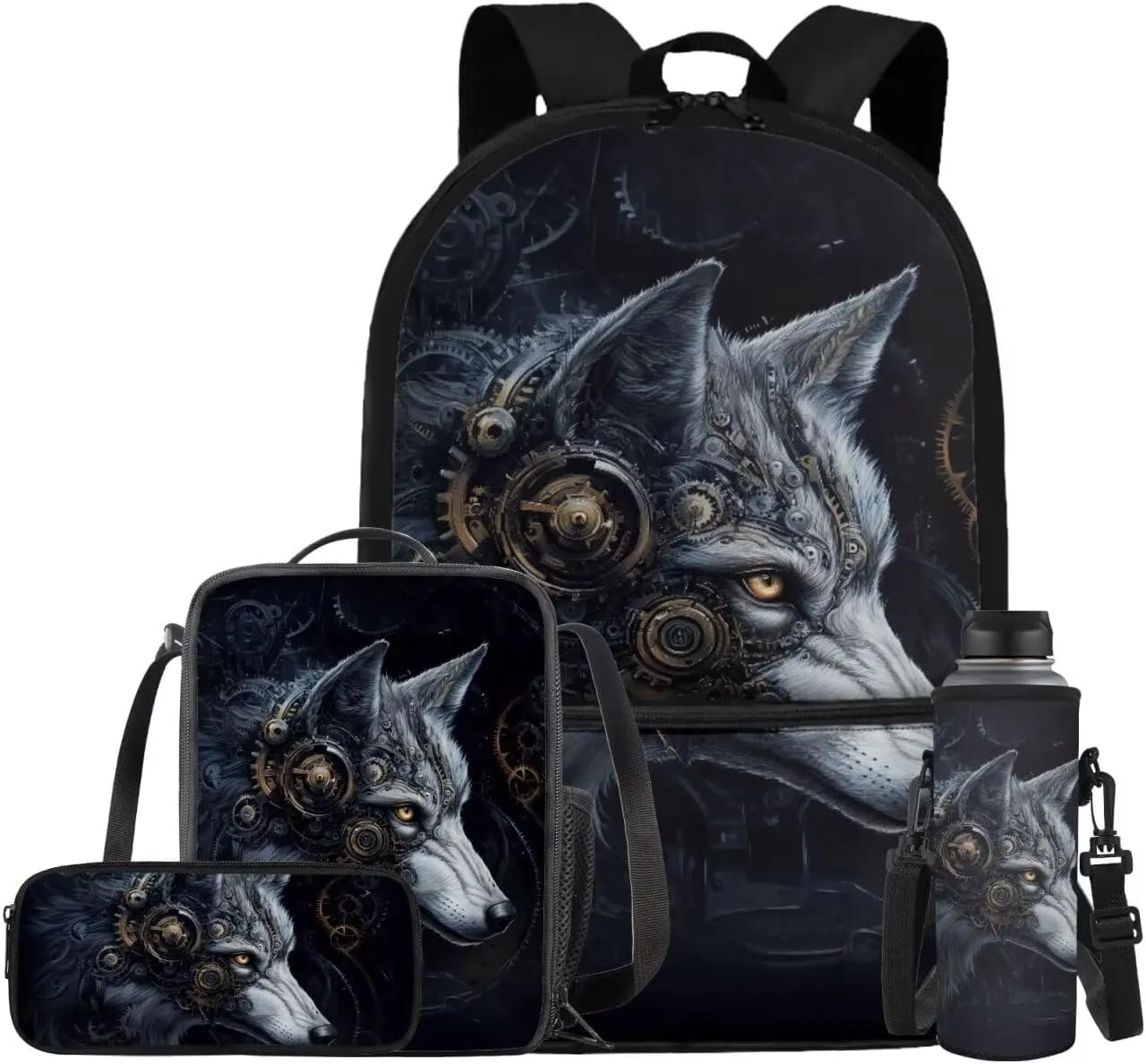Cool Wolf Backpacks for School Boys Backpack and Lunch Box Set 17 Inch Elementary School Bags for Boys BookBag with Water Bottle Sleeve Pencil Case 4 Piece Daypack