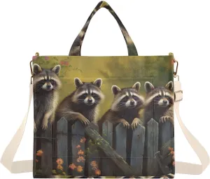 Corduroy Women Tote Bag Raccoon on Fence Print, Handbag Purses with Detachable Strap Small Size