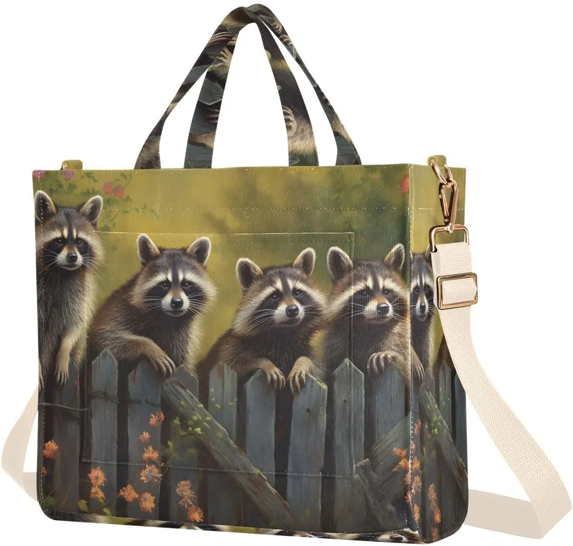 Corduroy Women Tote Bag Raccoon on Fence Print, Handbag Purses with Detachable Strap Small Size