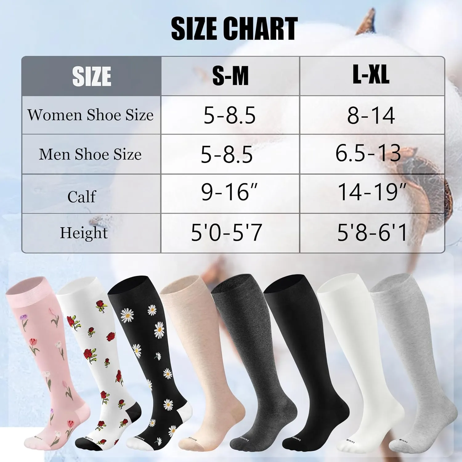 Cotton Compression Socks for Women&Men 15-20mmHg Knee High Cute Support Sock for Nurses, Pregnant Women, Travel