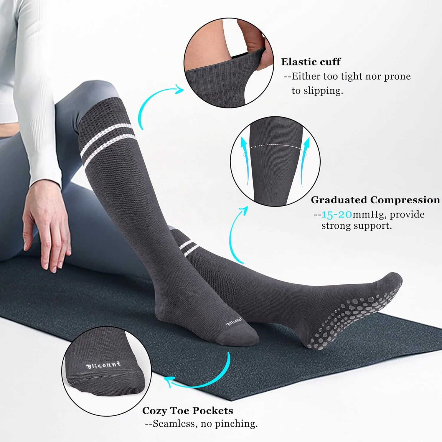 Cotton Compression Socks for Women&Men with Grips Non Slip 15-20mmHg Knee High Cute Sock for Nurses, Pregnancy, Yoga