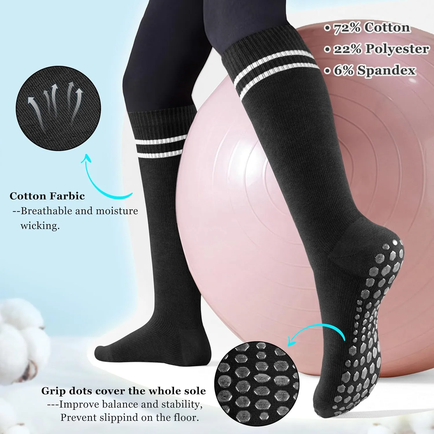 Cotton Compression Socks for Women&Men with Grips Non Slip 15-20mmHg Knee High Cute Sock for Nurses, Pregnancy, Yoga