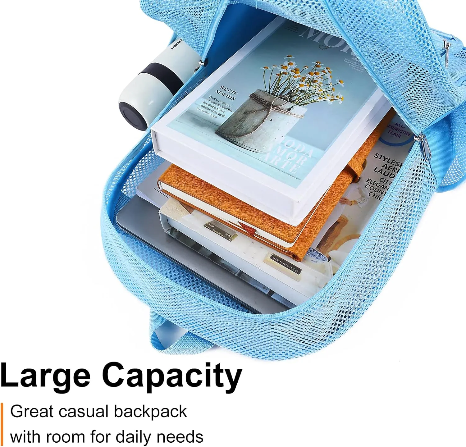 COVAX Heavy Duty Mesh Backpack, Semi-transparent Mesh Bookbag, See Through College Backpack with Bungee and Comfort Padded Straps for Commuting, Swimming, Beach, Outdoor Sports (Blue)