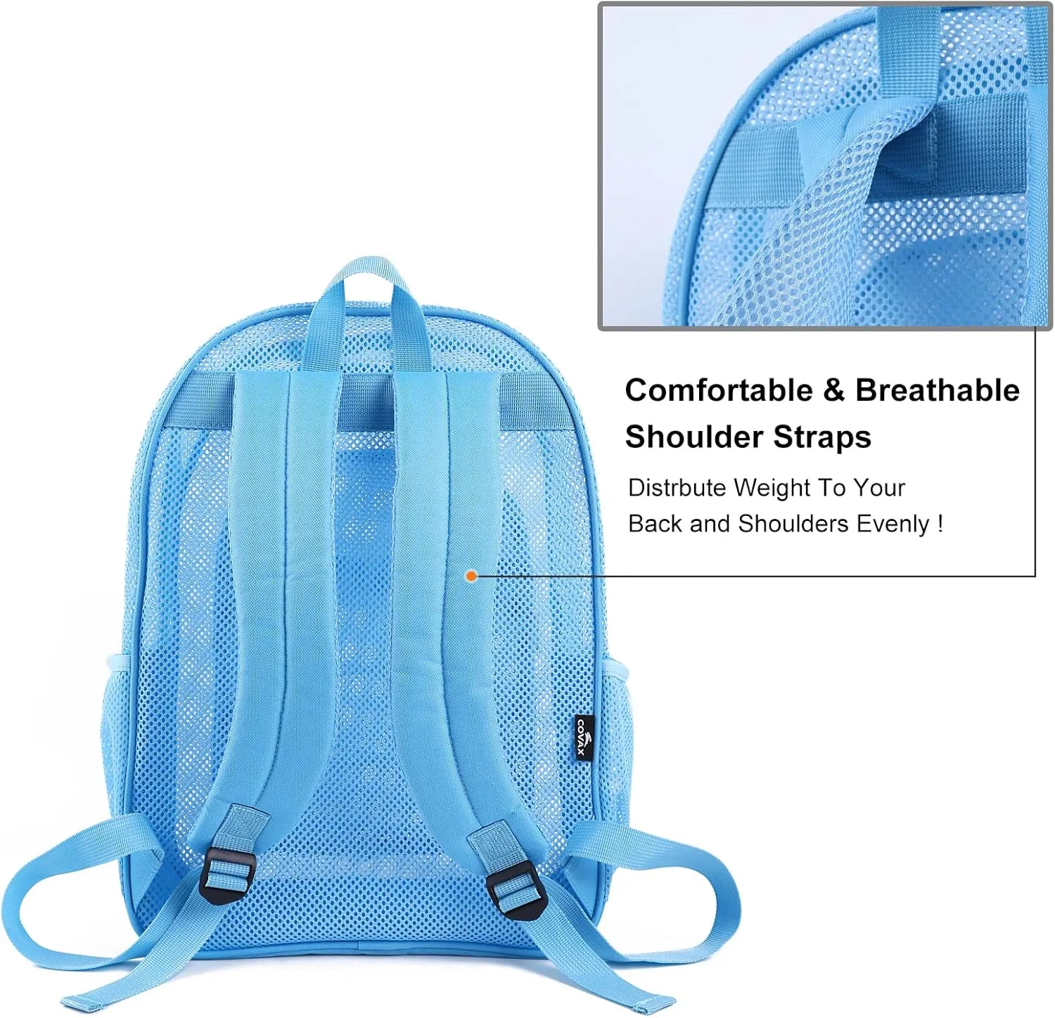 COVAX Heavy Duty Mesh Backpack, Semi-transparent Mesh Bookbag, See Through College Backpack with Bungee and Comfort Padded Straps for Commuting, Swimming, Beach, Outdoor Sports (Blue)