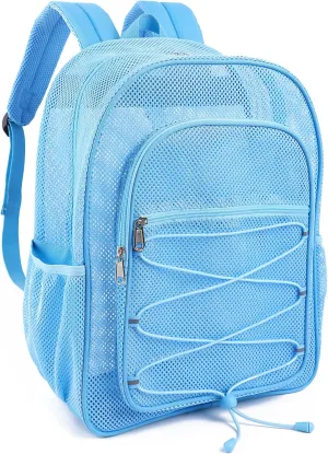 COVAX Heavy Duty Mesh Backpack, Semi-transparent Mesh Bookbag, See Through College Backpack with Bungee and Comfort Padded Straps for Commuting, Swimming, Beach, Outdoor Sports (Blue)