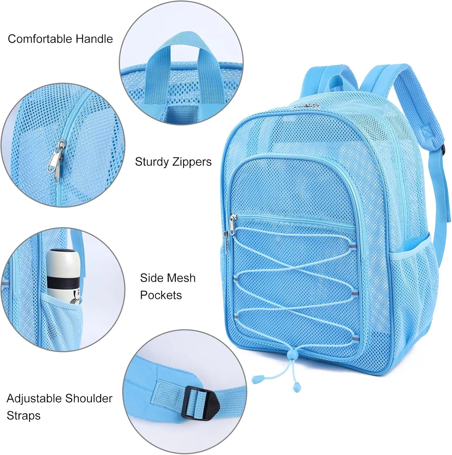 COVAX Heavy Duty Mesh Backpack, Semi-transparent Mesh Bookbag, See Through College Backpack with Bungee and Comfort Padded Straps for Commuting, Swimming, Beach, Outdoor Sports (Blue)