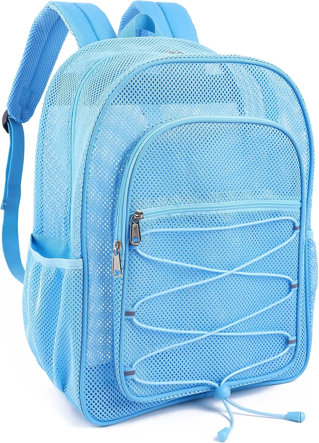 COVAX Heavy Duty Mesh Backpack, Semi-transparent Mesh Bookbag, See Through College Backpack with Bungee and Comfort Padded Straps for Commuting, Swimming, Beach, Outdoor Sports (Blue)