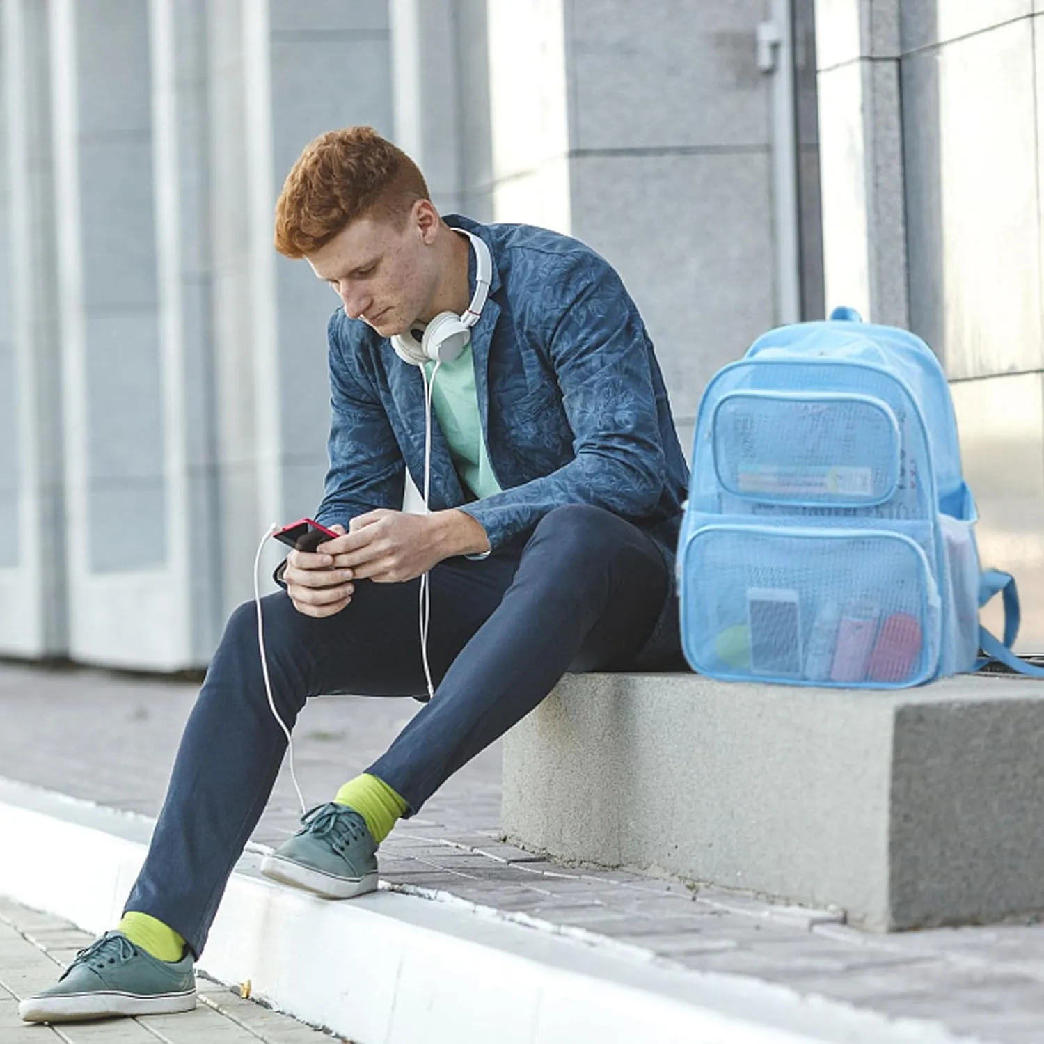 COVAX Large Mesh Backpack, Semi-transparent College Backpack, See Through Mesh Backpack with Bungee and Comfort Padded Straps for Travel, Swimming, Beach, Outdoor Sports (Blue)