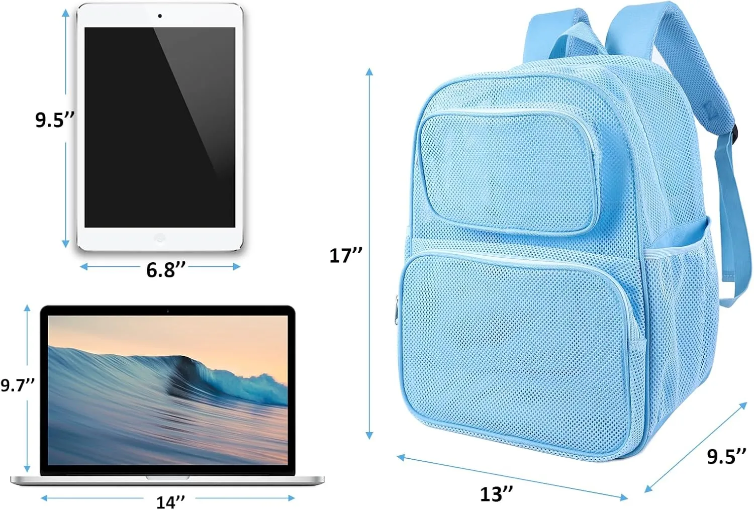 COVAX Large Mesh Backpack, Semi-transparent College Backpack, See Through Mesh Backpack with Bungee and Comfort Padded Straps for Travel, Swimming, Beach, Outdoor Sports (Blue)