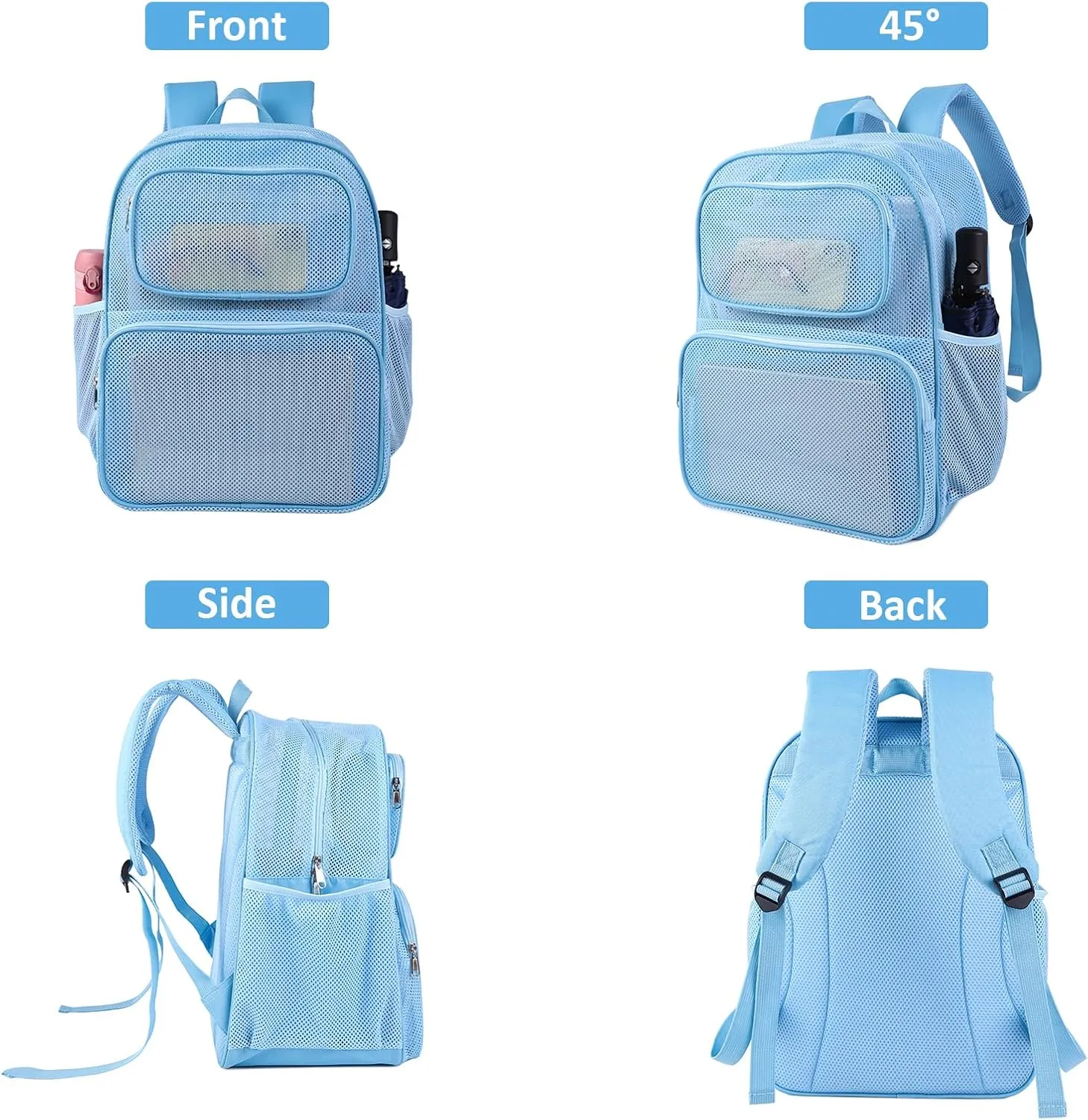 COVAX Large Mesh Backpack, Semi-transparent College Backpack, See Through Mesh Backpack with Bungee and Comfort Padded Straps for Travel, Swimming, Beach, Outdoor Sports (Blue)