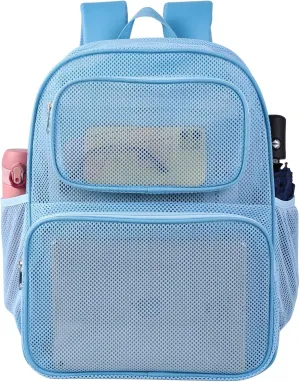 COVAX Large Mesh Backpack, Semi-transparent College Backpack, See Through Mesh Backpack with Bungee and Comfort Padded Straps for Travel, Swimming, Beach, Outdoor Sports (Blue)