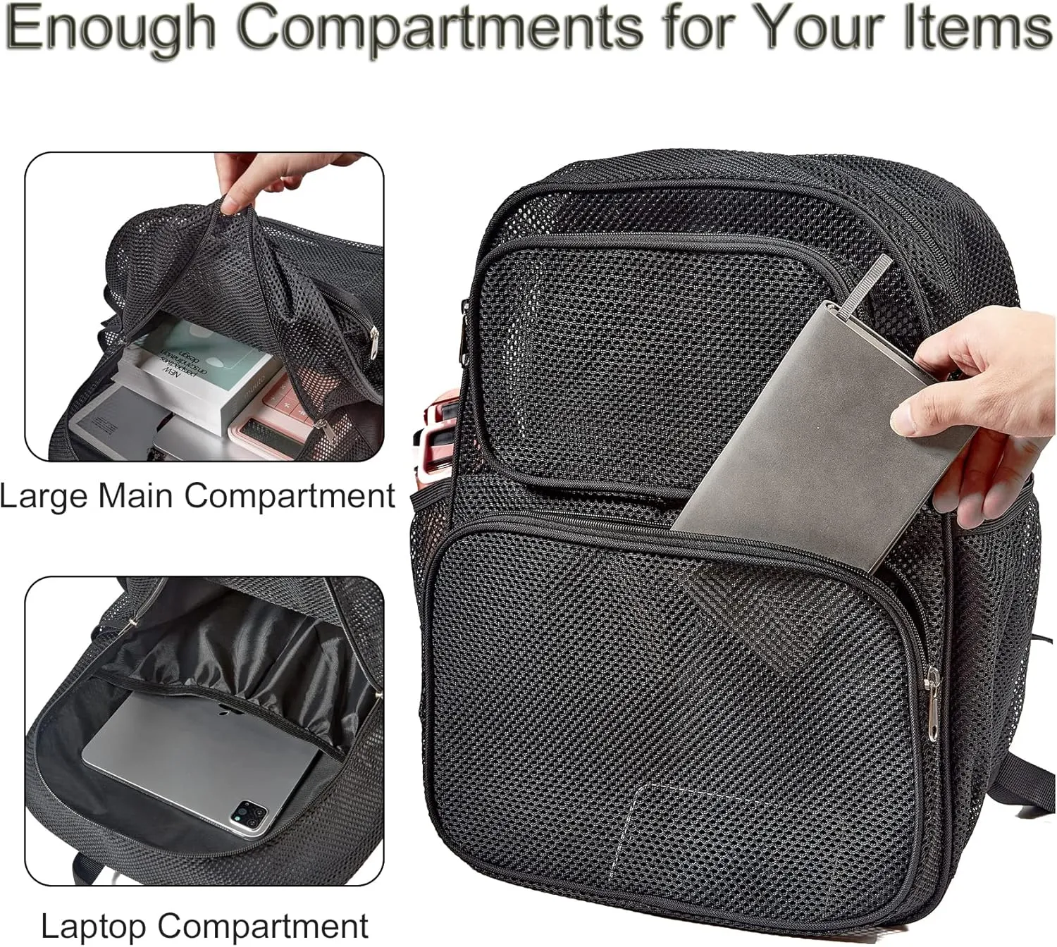 COVAX Large Mesh Backpack - Semi-transparent College Backpack with Bungee and Comfort Padded Straps for Travel, Swimming, Beach, Outdoor Sports