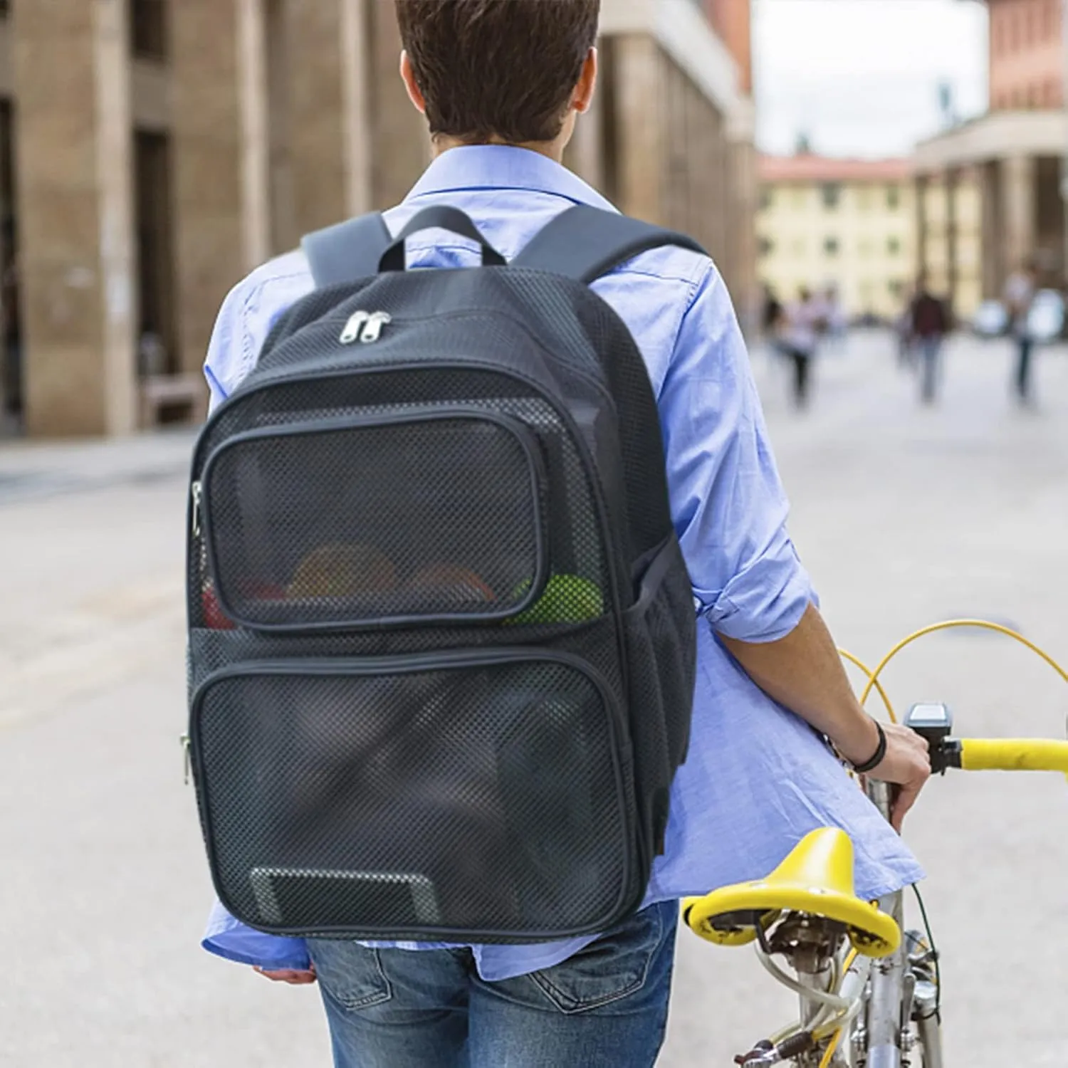 COVAX Large Mesh Backpack - Semi-transparent College Backpack with Bungee and Comfort Padded Straps for Travel, Swimming, Beach, Outdoor Sports