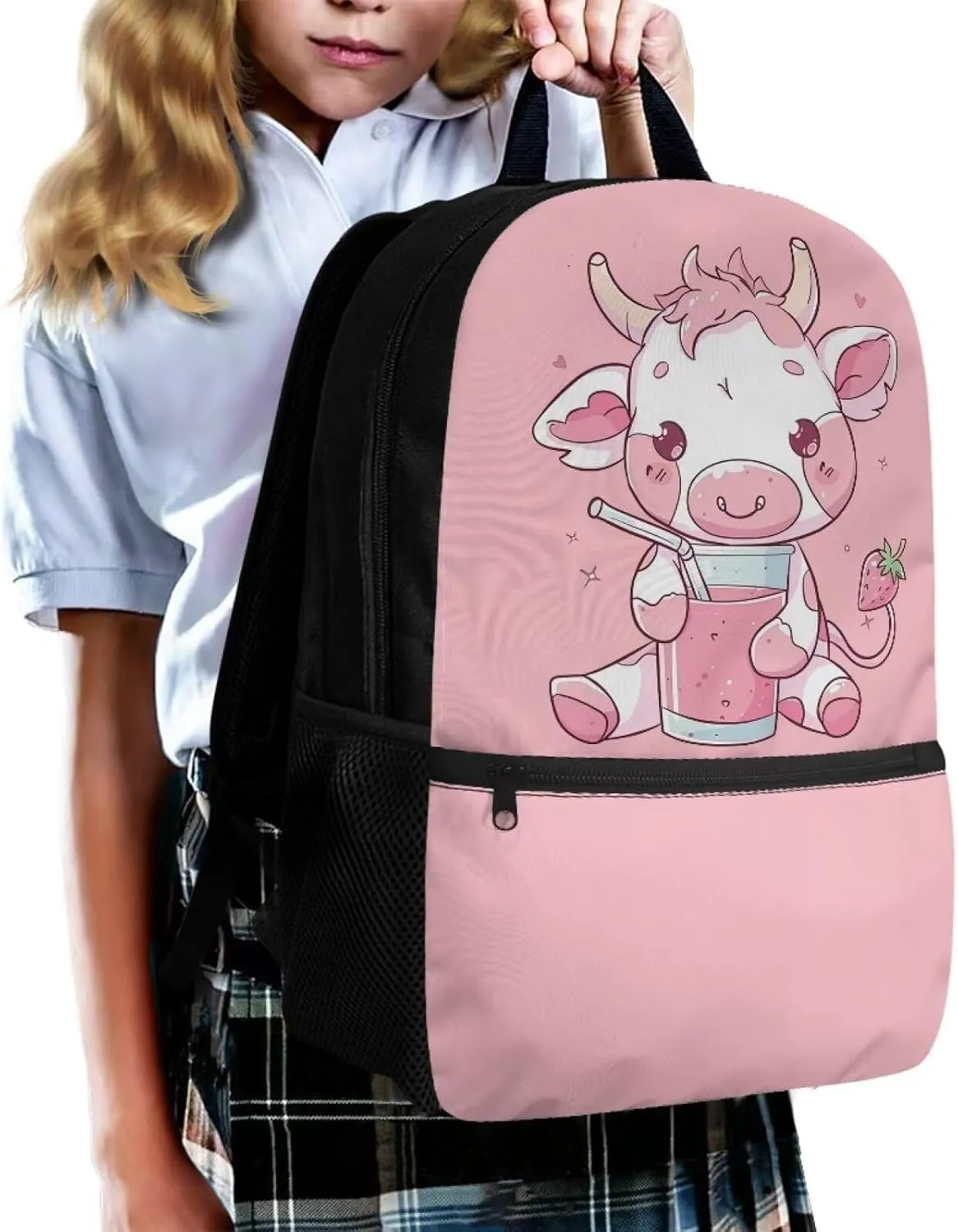 Cow School Backpcak for Girls 8-10/10-12 Pink Bookbag Kids 5th Grade/4th Grade Book Bag Elementary Student Back to School Pack Lightweight