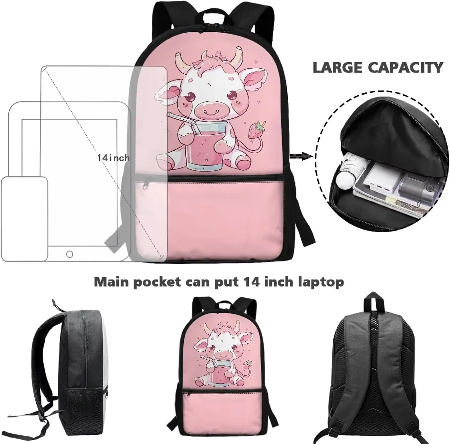Cow School Backpcak for Girls 8-10/10-12 Pink Bookbag Kids 5th Grade/4th Grade Book Bag Elementary Student Back to School Pack Lightweight