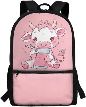 Cow School Backpcak for Girls 8-10/10-12 Pink Bookbag Kids 5th Grade/4th Grade Book Bag Elementary Student Back to School Pack Lightweight