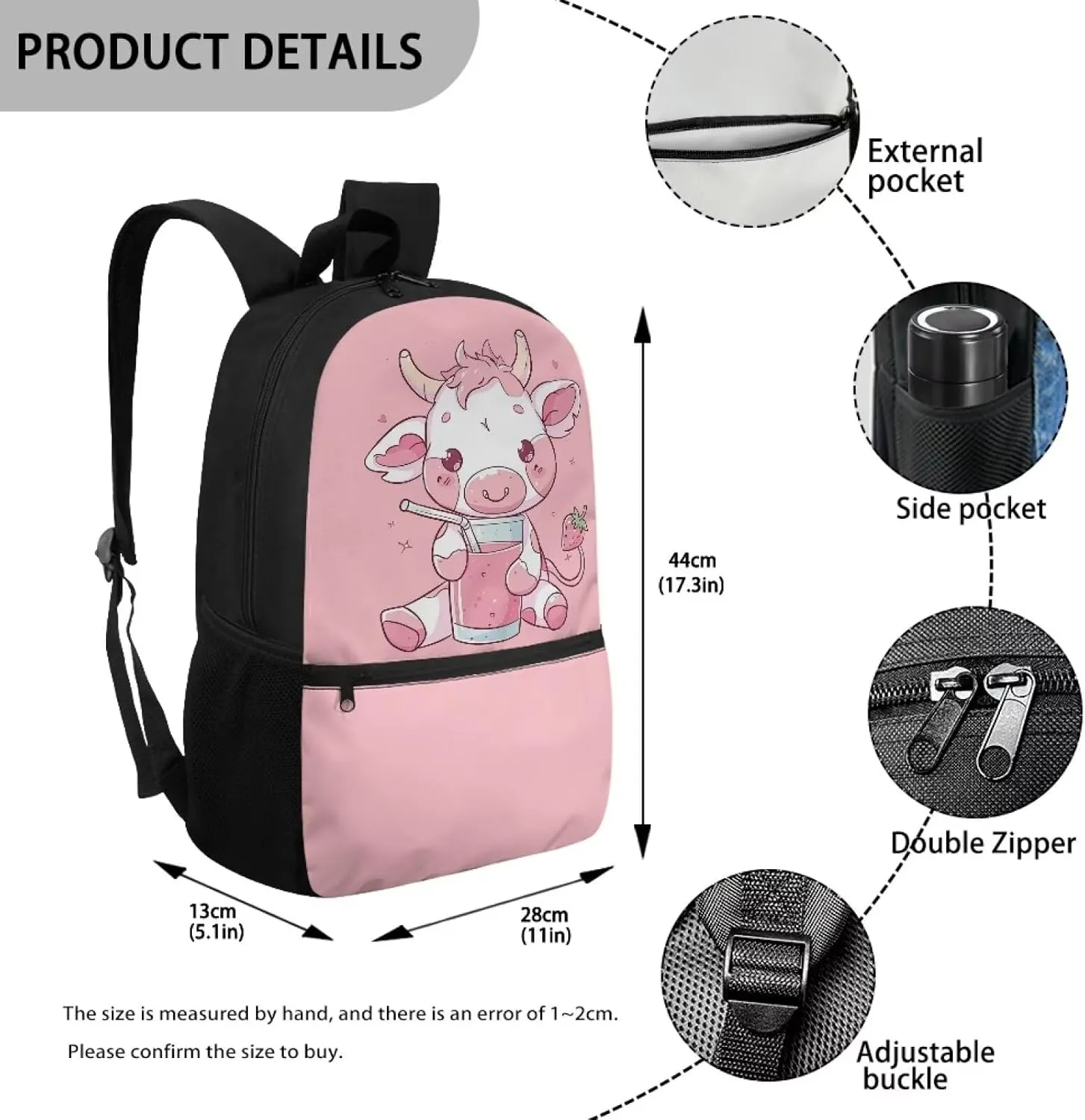 Cow School Backpcak for Girls 8-10/10-12 Pink Bookbag Kids 5th Grade/4th Grade Book Bag Elementary Student Back to School Pack Lightweight
