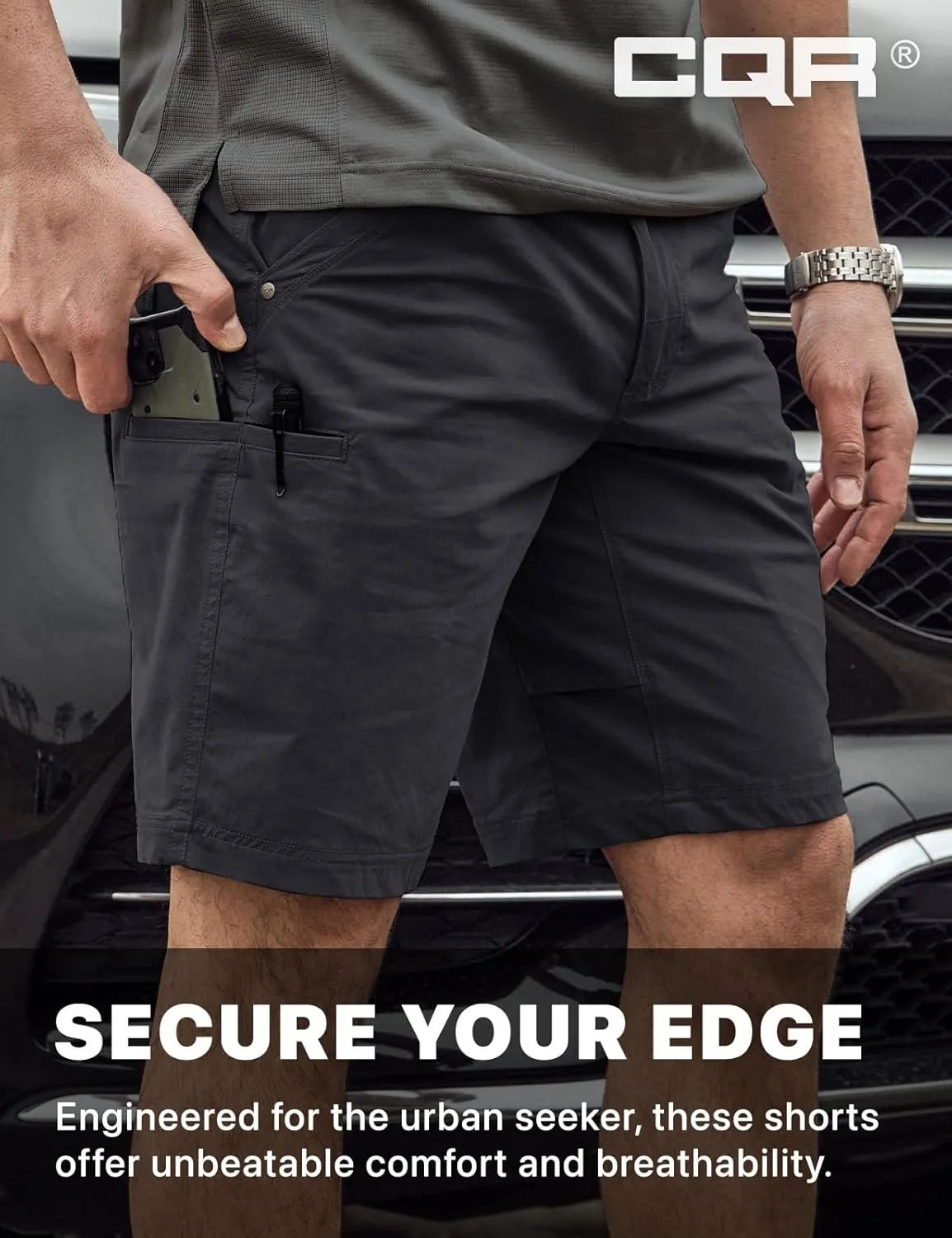 CQR Men's Stretch Utility Shorts, Lightweight Quick Dry Casual Shorts, Hiking Golf Cargo Shorts with Zipper Pockets