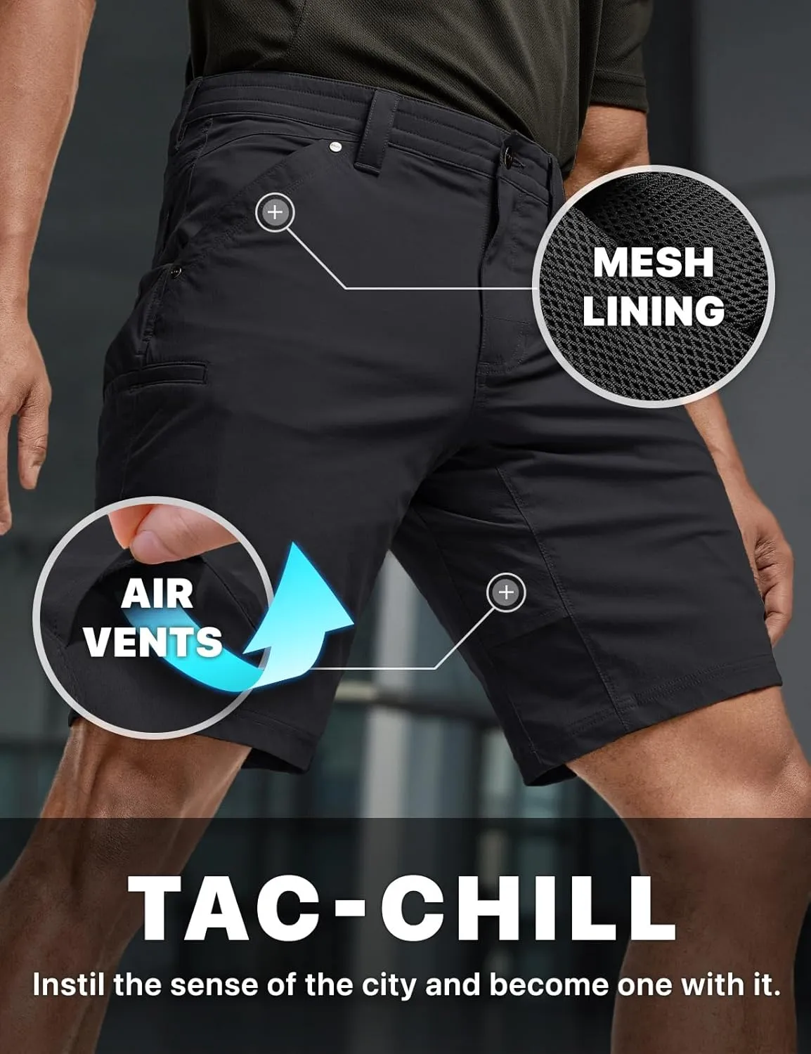 CQR Men's Stretch Utility Shorts, Lightweight Quick Dry Casual Shorts, Hiking Golf Cargo Shorts with Zipper Pockets
