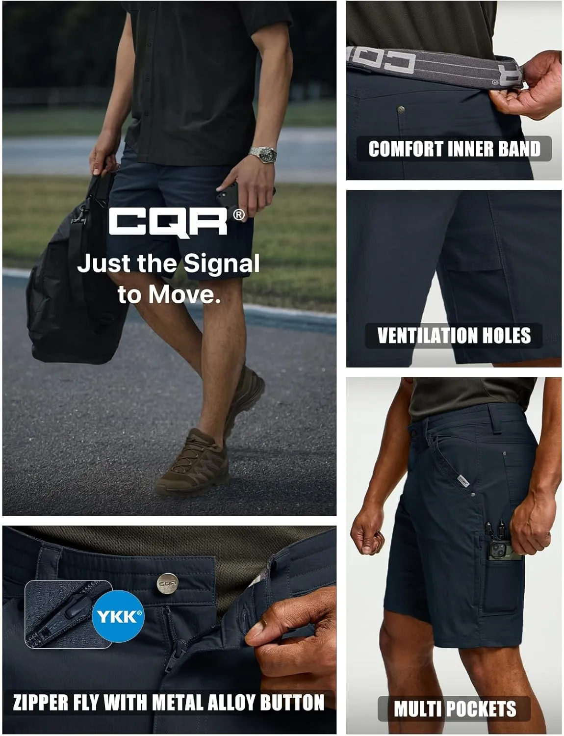 CQR Men's Stretch Utility Shorts, Lightweight Quick Dry Casual Shorts, Hiking Golf Cargo Shorts with Zipper Pockets