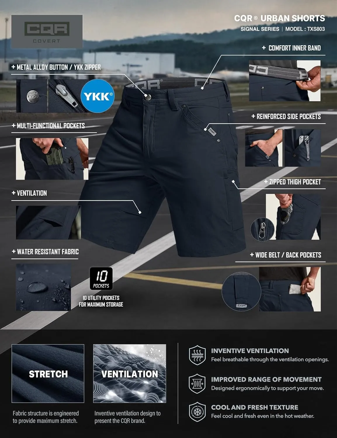 CQR Men's Stretch Utility Shorts, Lightweight Quick Dry Casual Shorts, Hiking Golf Cargo Shorts with Zipper Pockets