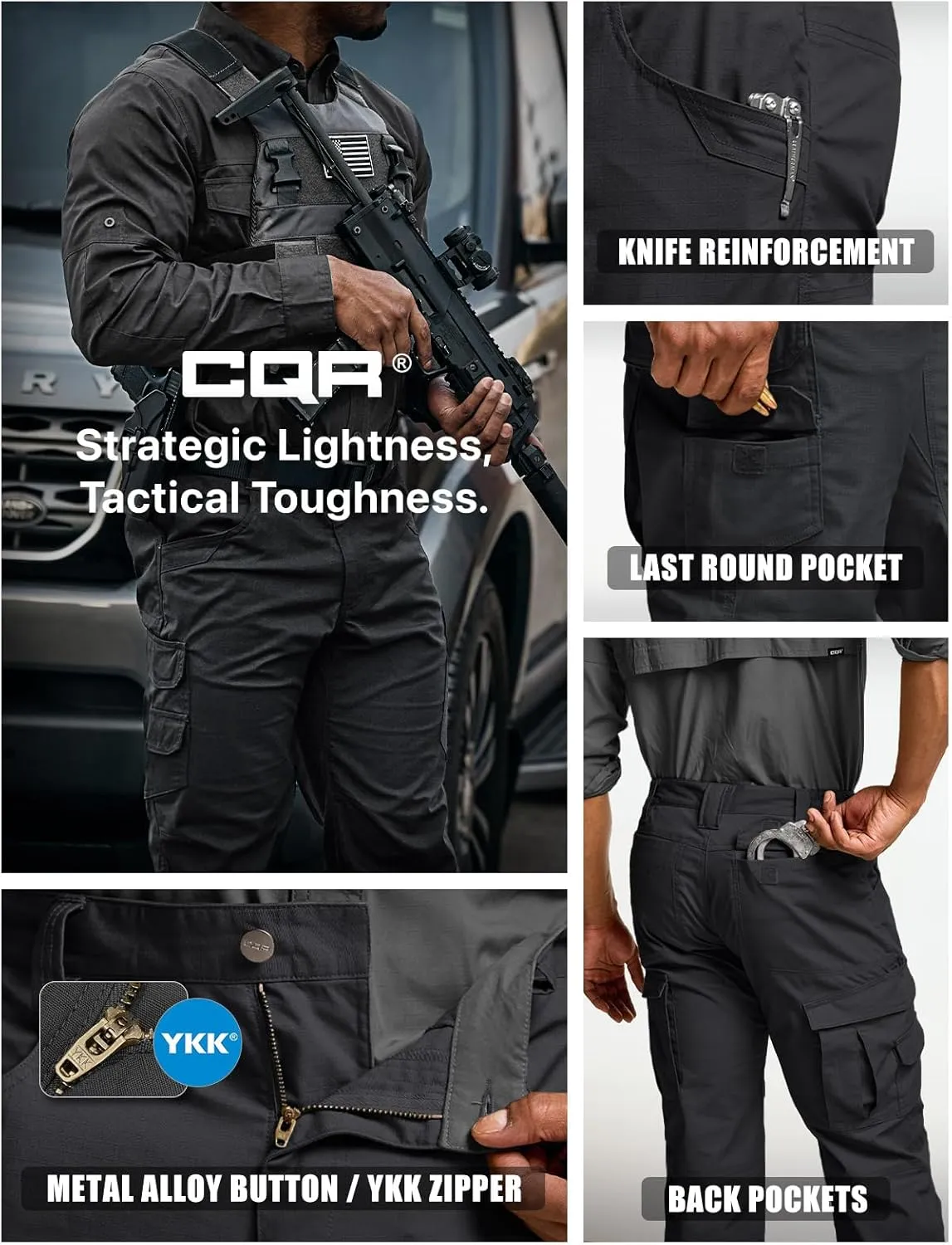 CQR Men's Utility Flex Cargo Pants, Classic-Fit Casual Stretch Work Pants, Water Resistant Lightweight Tactical Hiking Pants