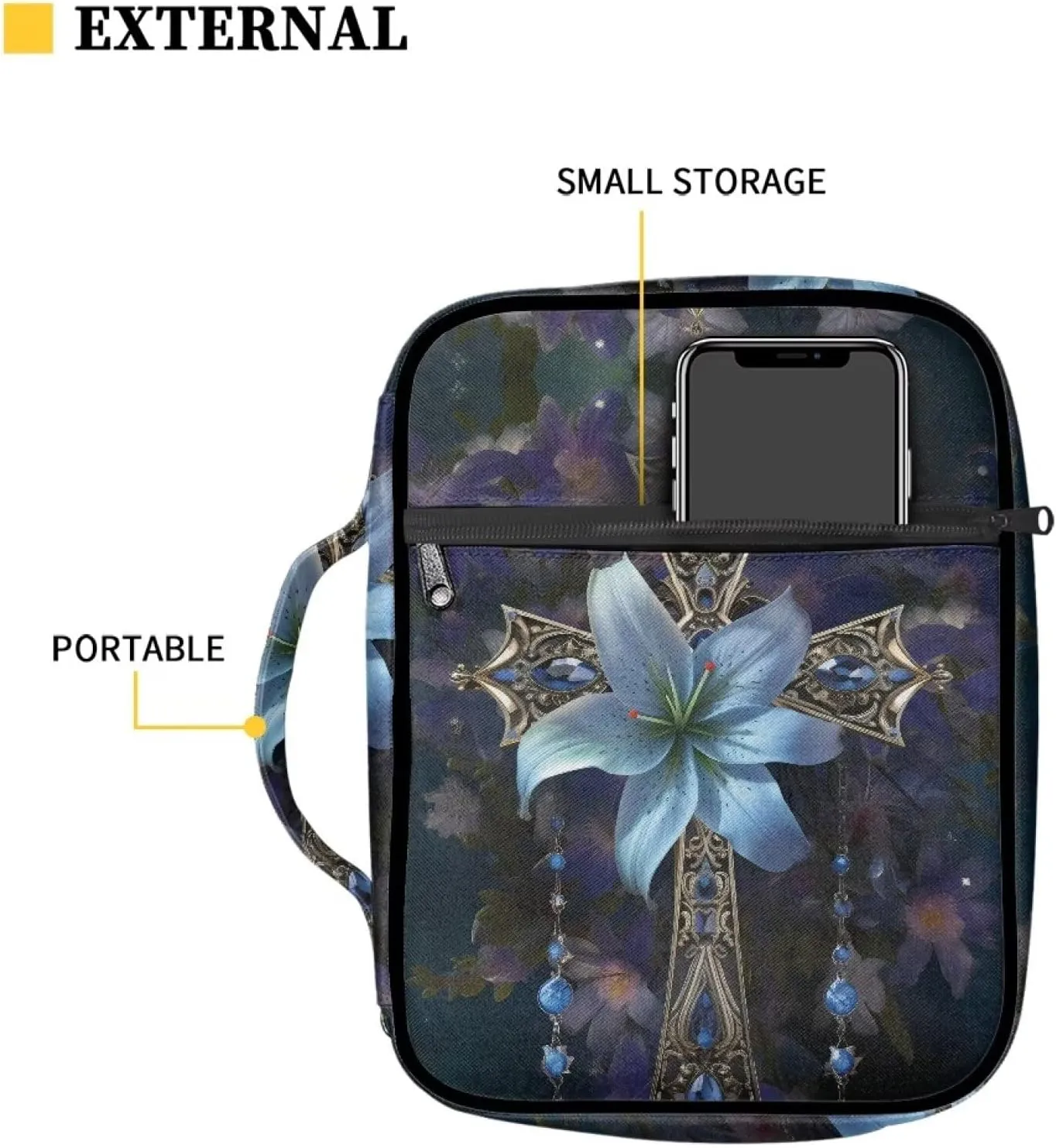 Cross Floral Bible Cover Bag with Zipper Pockets Portable Handle Handbag Tote for Church Pray