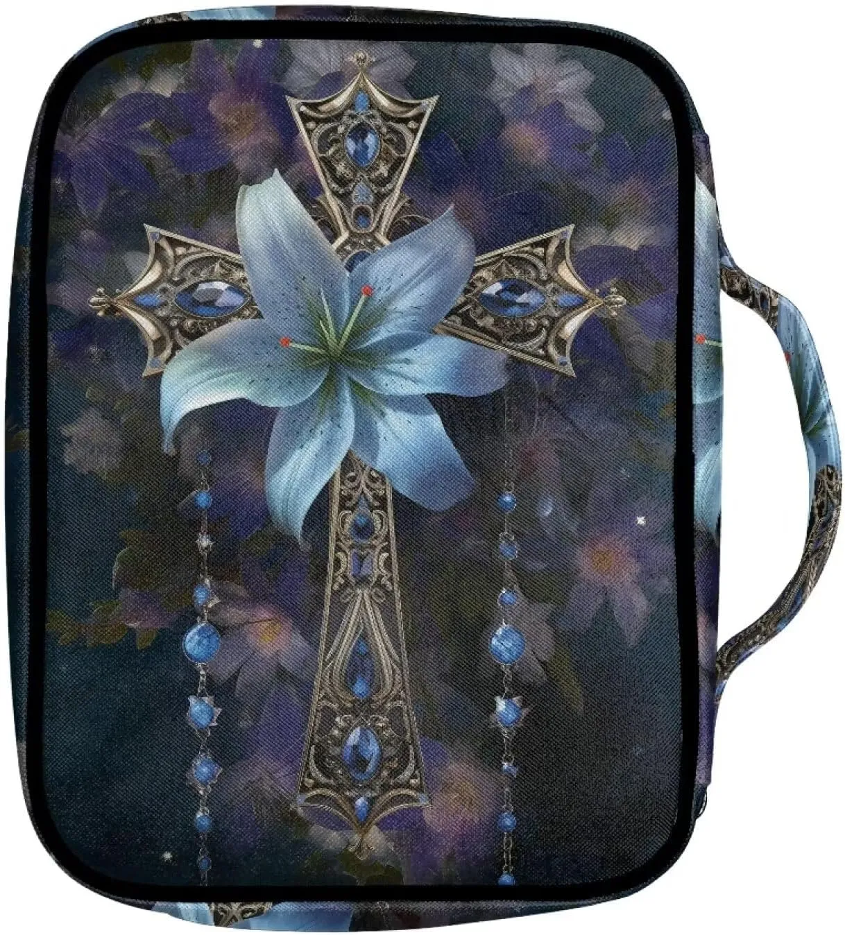 Cross Floral Bible Cover Bag with Zipper Pockets Portable Handle Handbag Tote for Church Pray