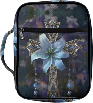 Cross Floral Bible Cover Bag with Zipper Pockets Portable Handle Handbag Tote for Church Pray