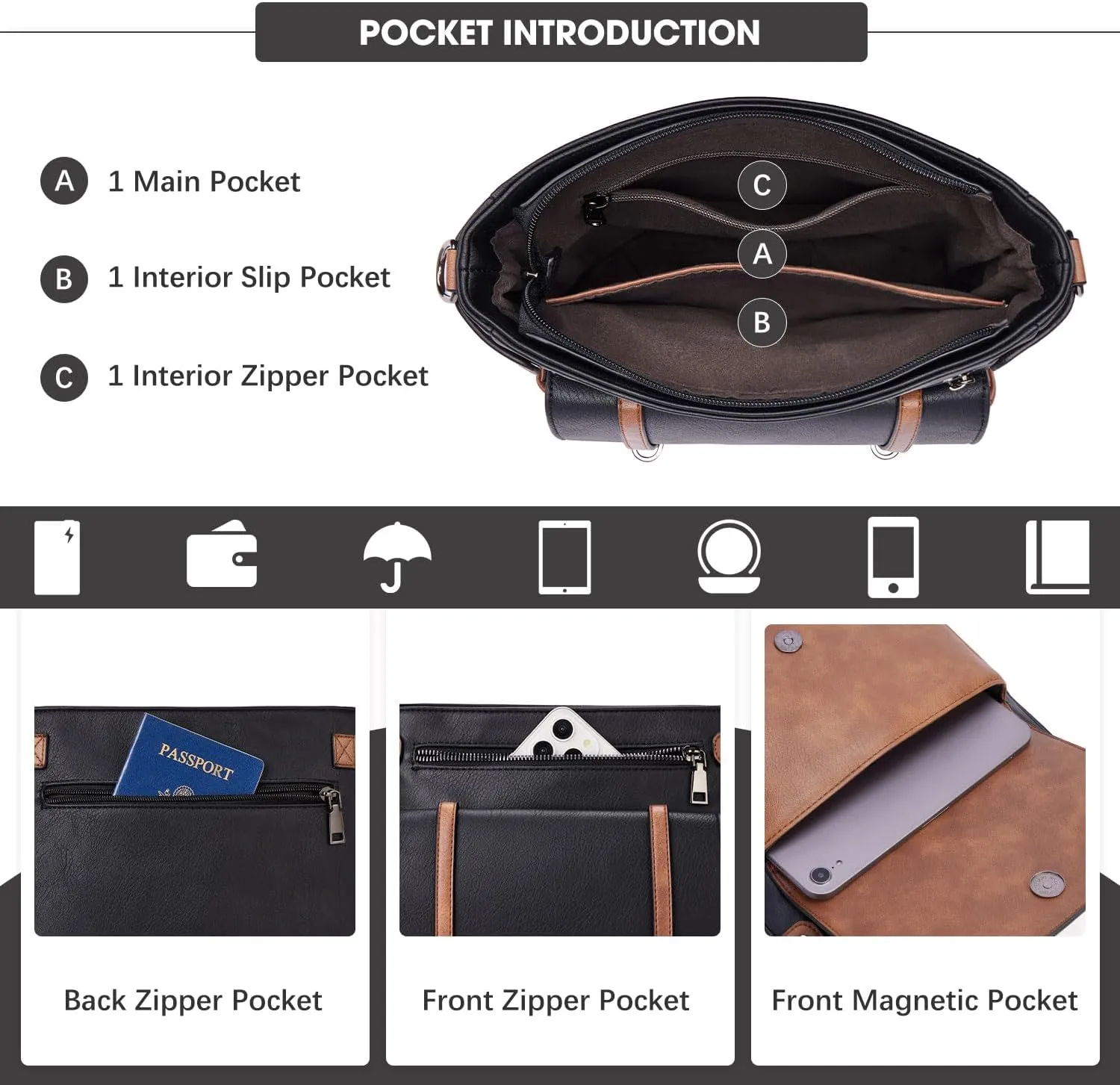 Crossbody Bags for Women,Multi Pocket Crossbody Purses Vegan Leather Shoulder Handbags Travel Purse Adjustable Strap