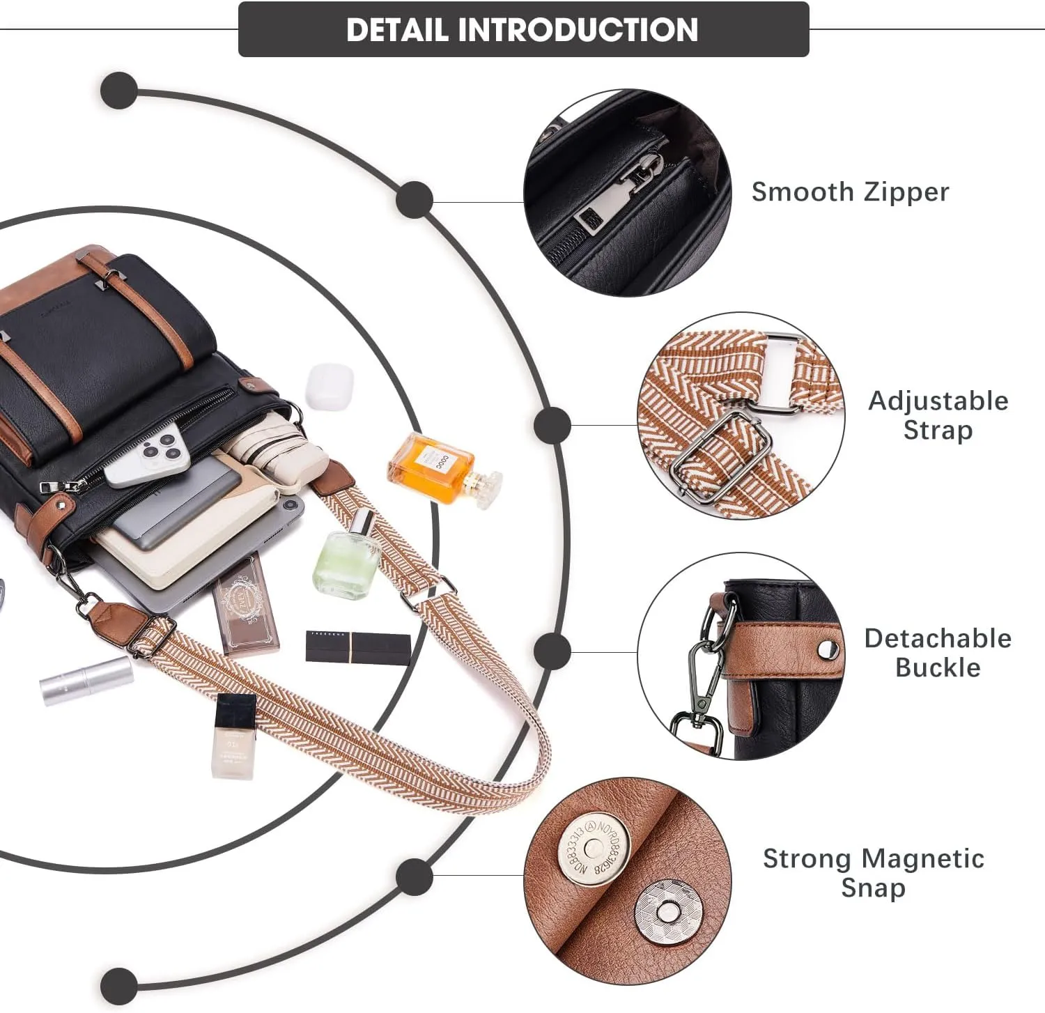 Crossbody Bags for Women,Multi Pocket Crossbody Purses Vegan Leather Shoulder Handbags Travel Purse Adjustable Strap