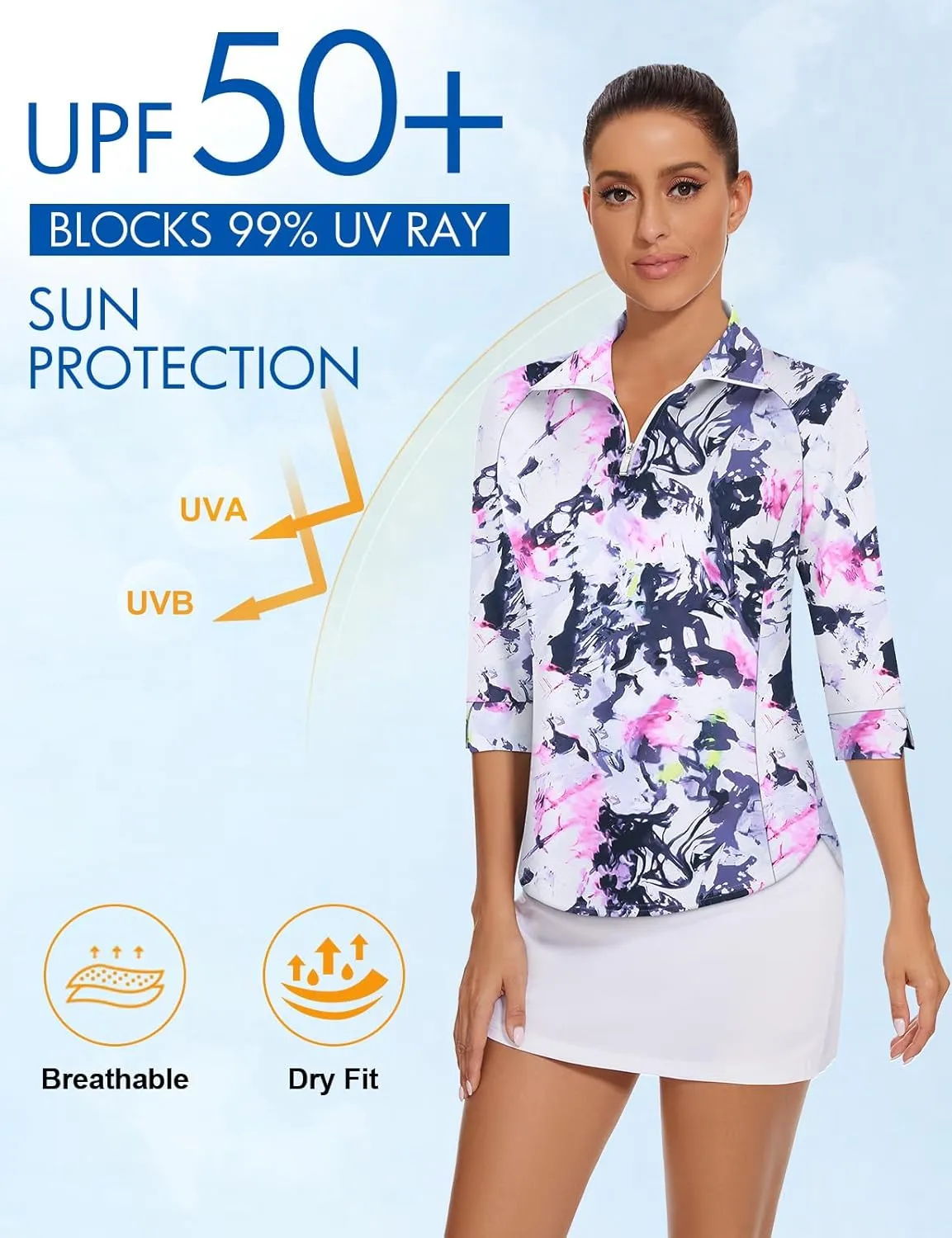 Cucuchy Style Womens Golf Shirt 3/4 Sleeve Quarter Zip Workout Tennis Tops Quick Dry UPF 50  Shirts