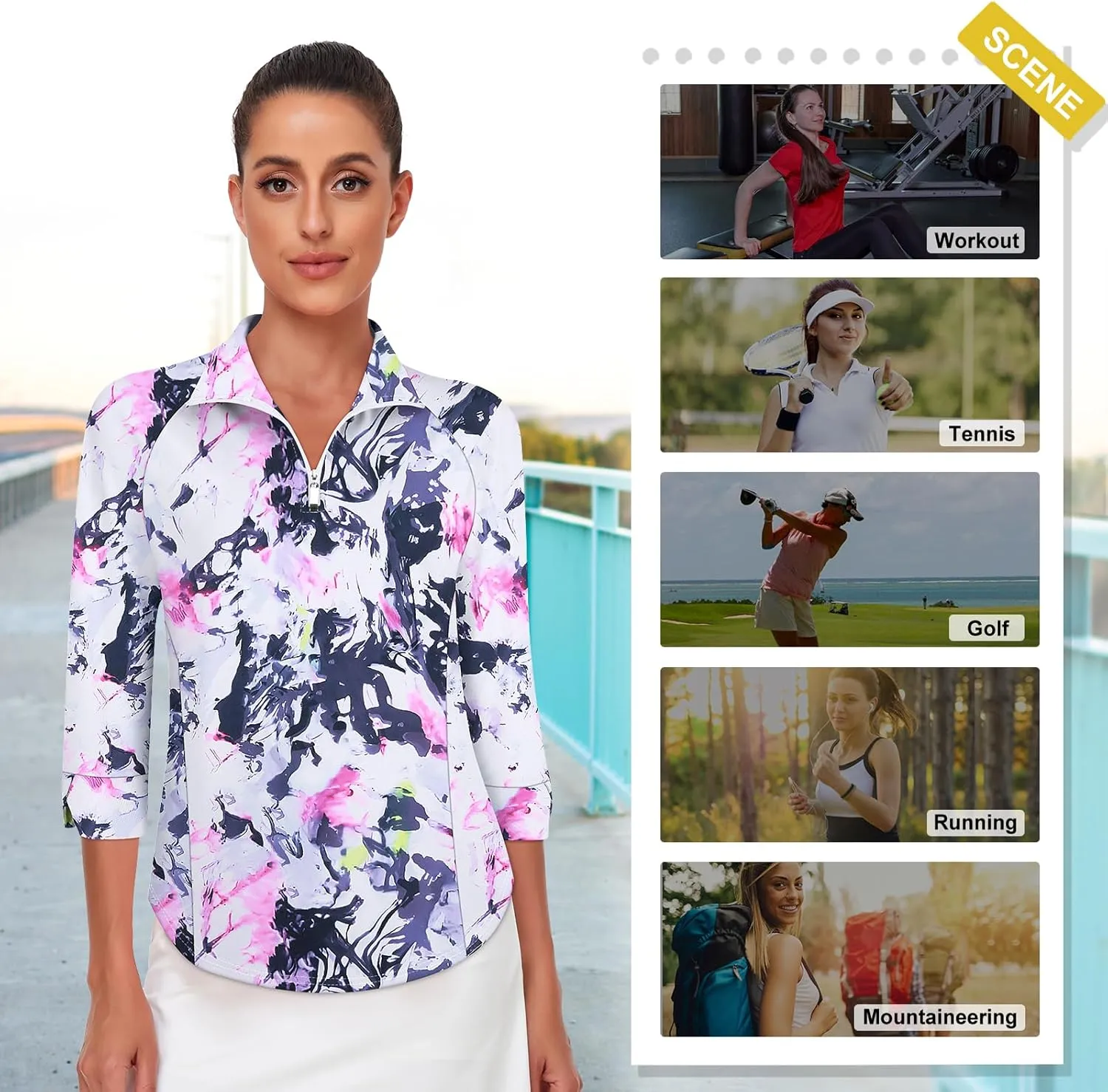 Cucuchy Style Womens Golf Shirt 3/4 Sleeve Quarter Zip Workout Tennis Tops Quick Dry UPF 50  Shirts