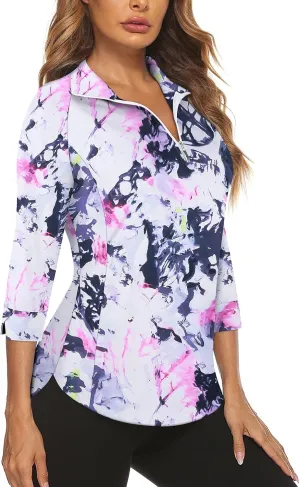 Cucuchy Style Womens Golf Shirt 3/4 Sleeve Quarter Zip Workout Tennis Tops Quick Dry UPF 50  Shirts