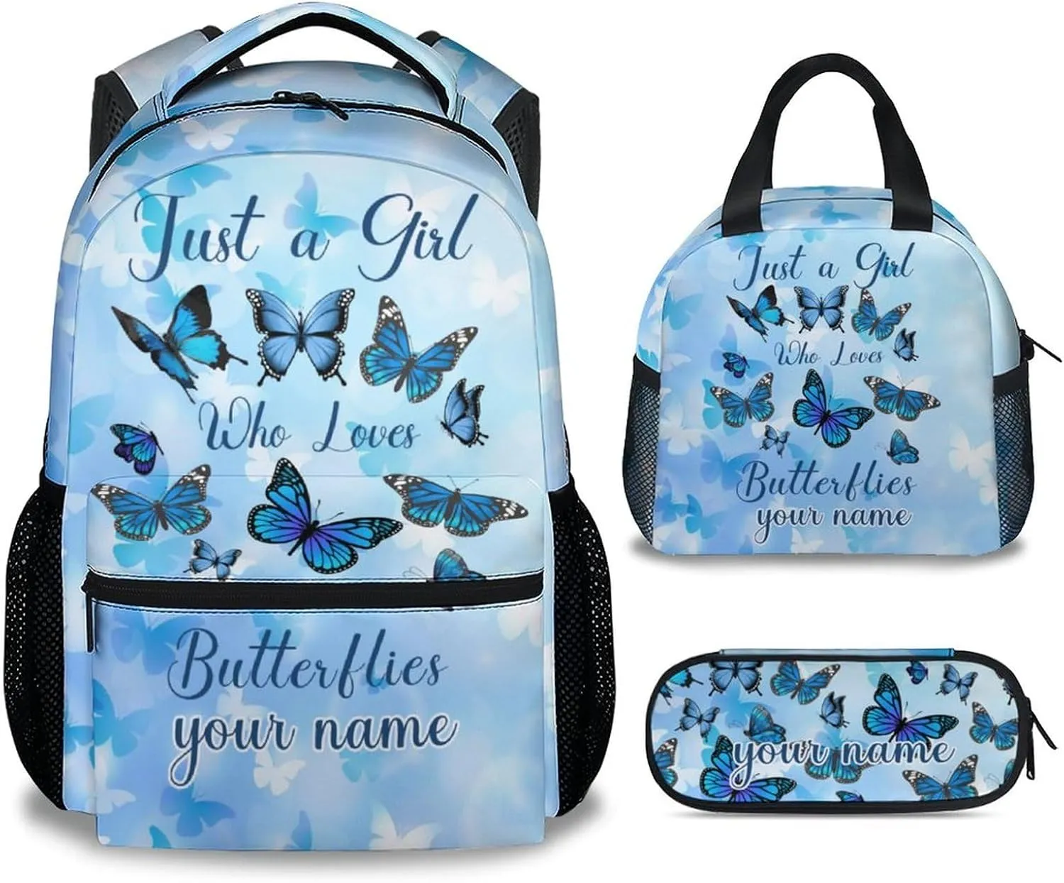 Custom Butterfly Backpack with Lunch Box, Set of 3 School Backpacks Matching Combo for Girls Boys, Cute Blue Bookbags and Pencil Case Bundle