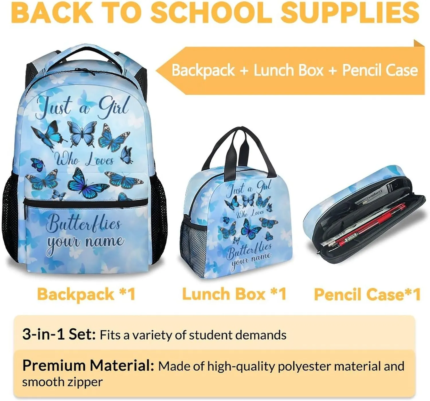 Custom Butterfly Backpack with Lunch Box, Set of 3 School Backpacks Matching Combo for Girls Boys, Cute Blue Bookbags and Pencil Case Bundle
