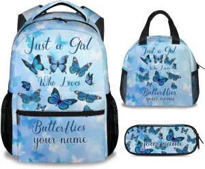 Custom Butterfly Backpack with Lunch Box, Set of 3 School Backpacks Matching Combo for Girls Boys, Cute Blue Bookbags and Pencil Case Bundle