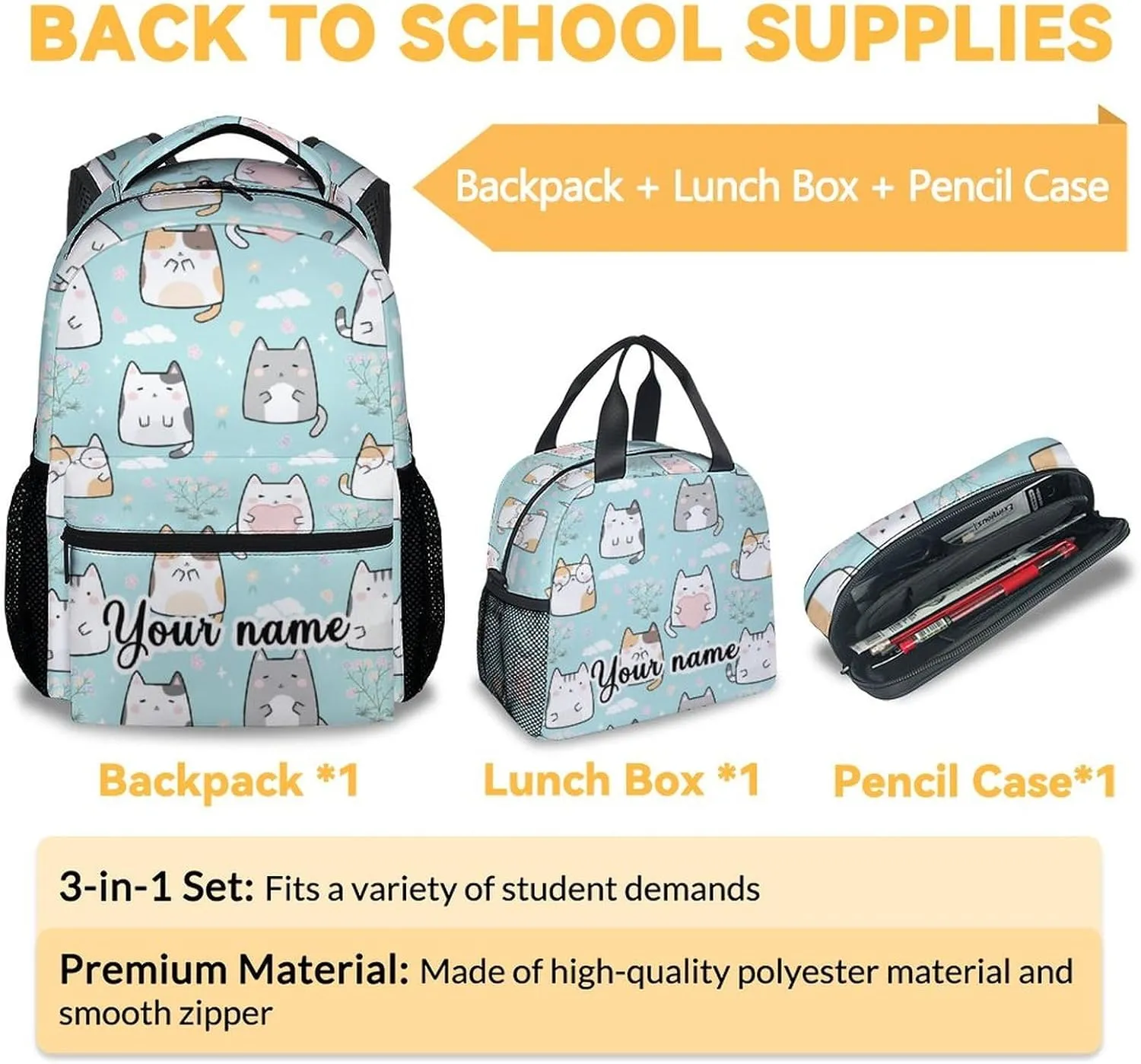 Custom Cat Backpack with Lunch Box, Set of 3 School Backpacks Matching Combo for Girls Boys, Cute Green Bookbag and Pencil Case Bundle