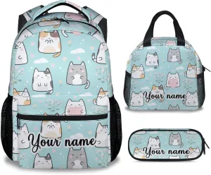 Custom Cat Backpack with Lunch Box, Set of 3 School Backpacks Matching Combo for Girls Boys, Cute Green Bookbag and Pencil Case Bundle