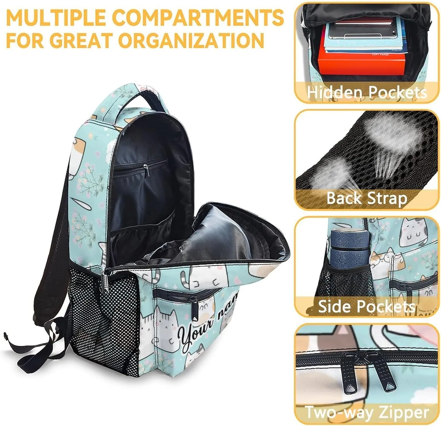 Custom Cat Backpack with Lunch Box, Set of 3 School Backpacks Matching Combo for Girls Boys, Cute Green Bookbag and Pencil Case Bundle