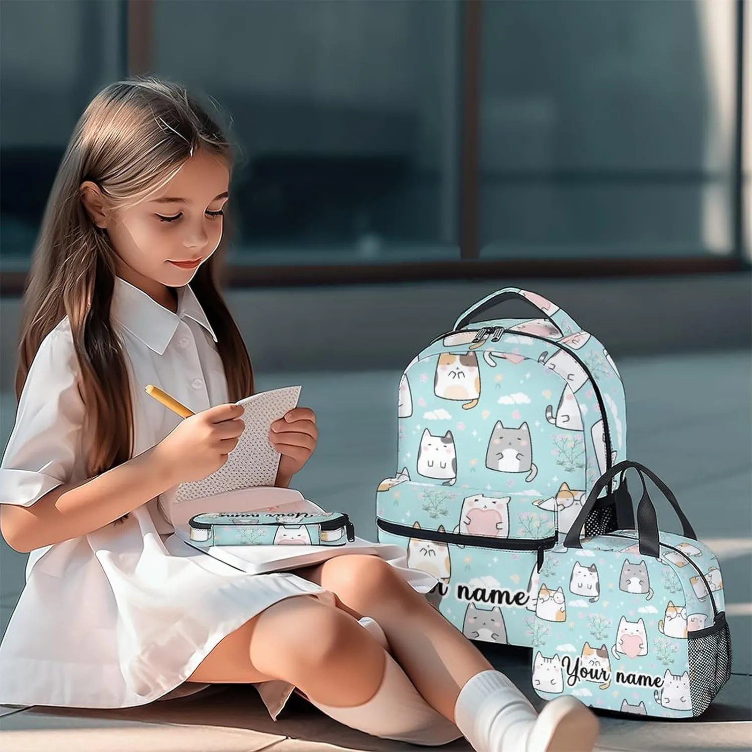 Custom Cat Backpack with Lunch Box, Set of 3 School Backpacks Matching Combo for Girls Boys, Cute Green Bookbag and Pencil Case Bundle