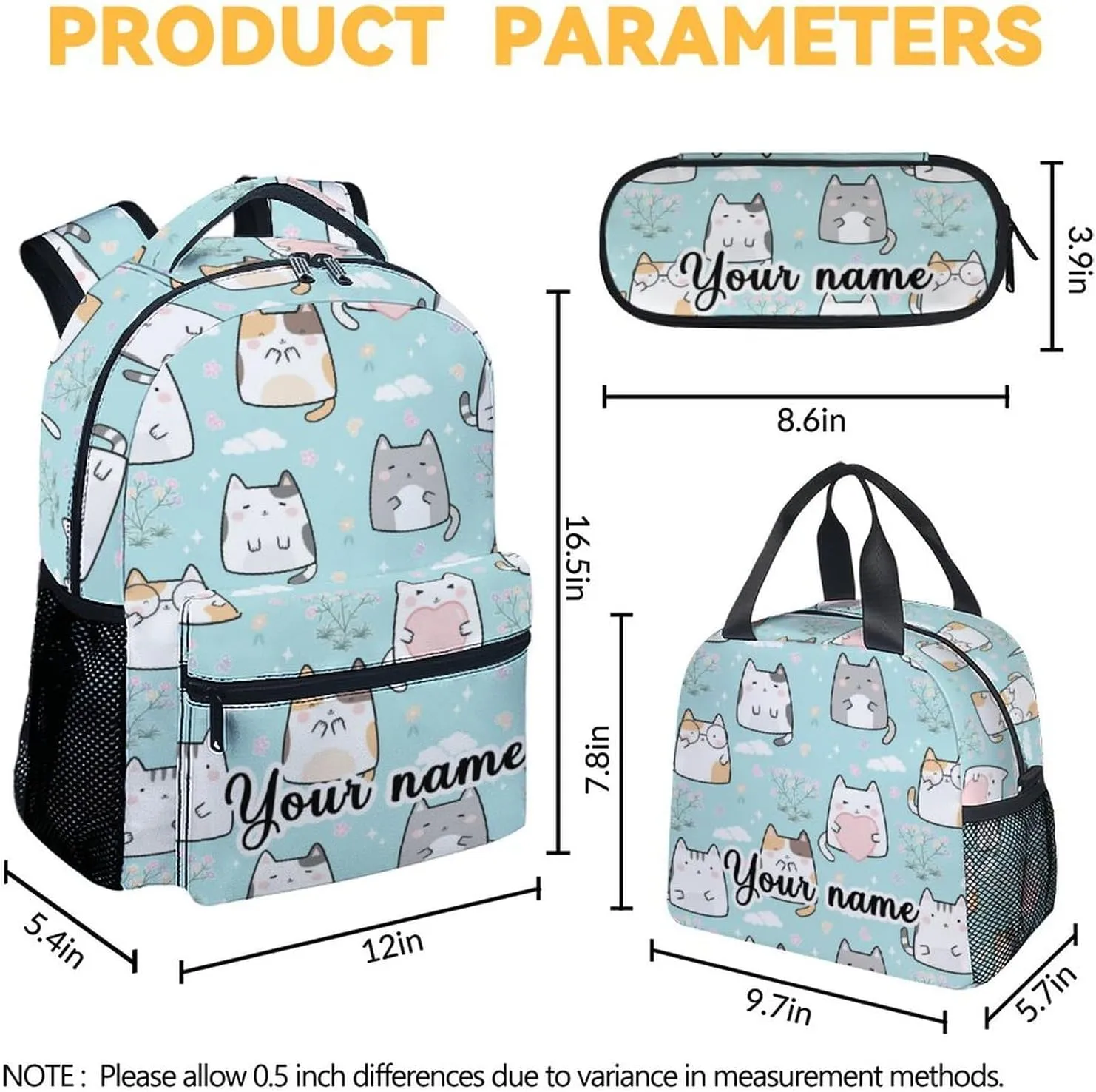 Custom Cat Backpack with Lunch Box, Set of 3 School Backpacks Matching Combo for Girls Boys, Cute Green Bookbag and Pencil Case Bundle