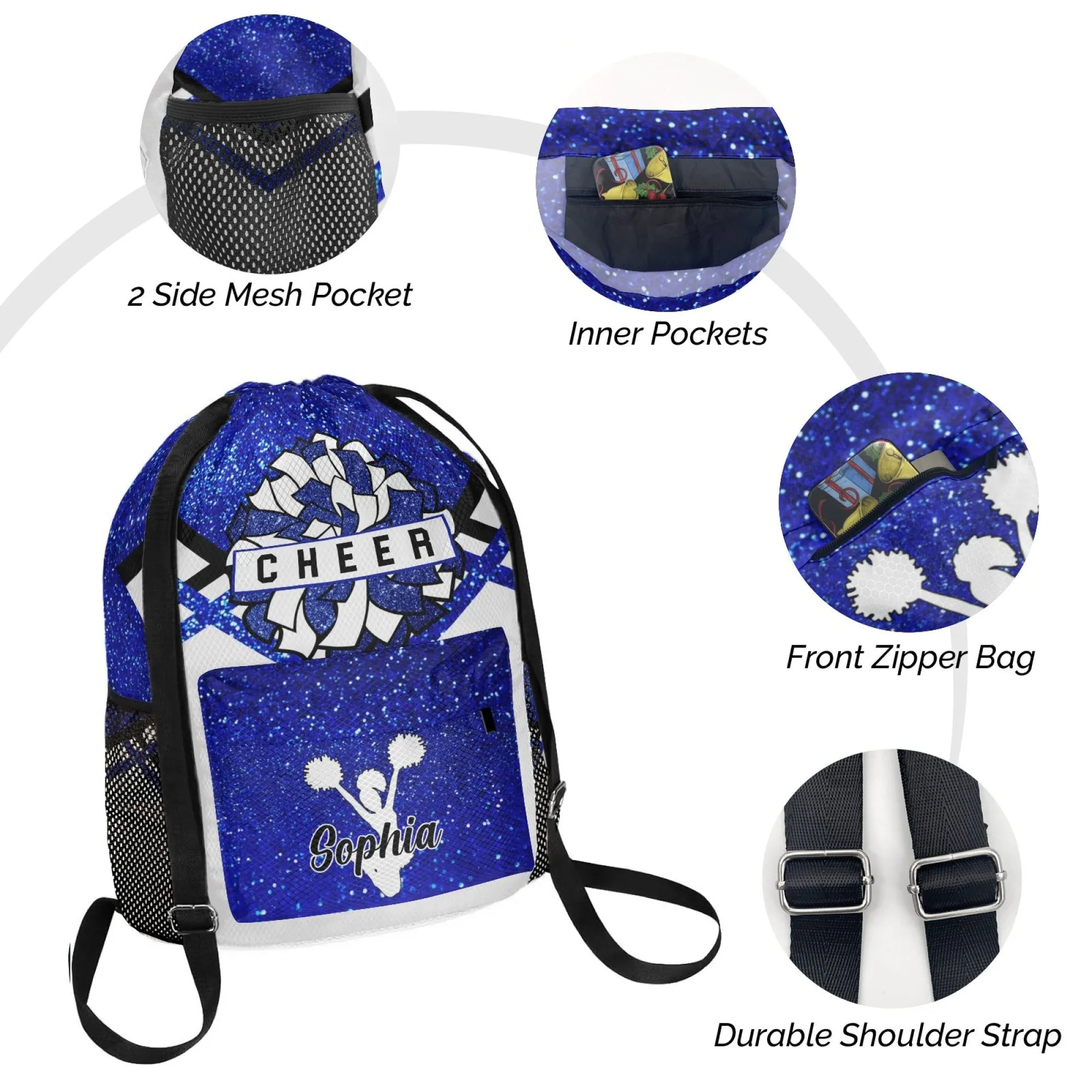 Custom Cheer Cheerleader All Over Print Name Drawstring Backpack 7 Colors
