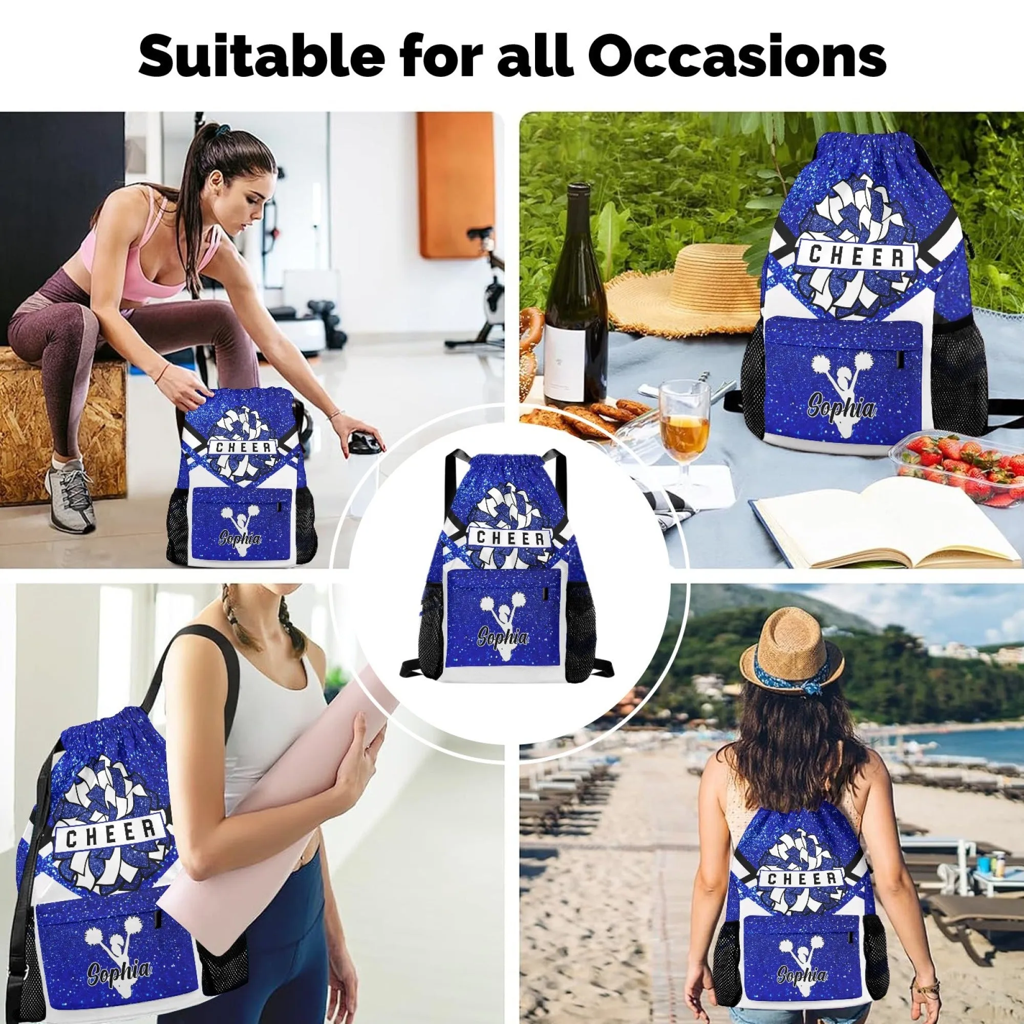 Custom Cheer Cheerleader All Over Print Name Drawstring Backpack 7 Colors