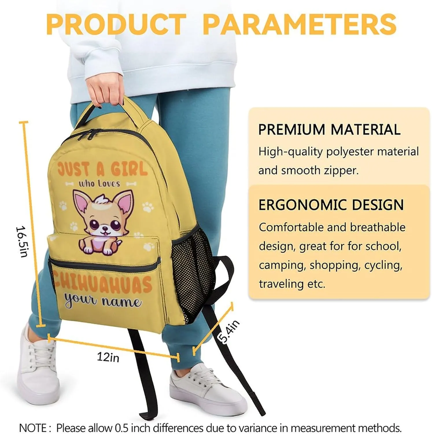 Custom Chihuahua Backpack for Girls, 16 Inch Yellow Backpacks for School, Cute Lightweight Bookbag for Kids