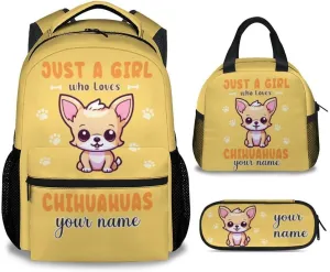 Custom Chihuahua Backpack with Lunch Box, Set of 3 School Backpacks Matching Combo, Cute Yellow Bookbag and Pencil Case Bundle