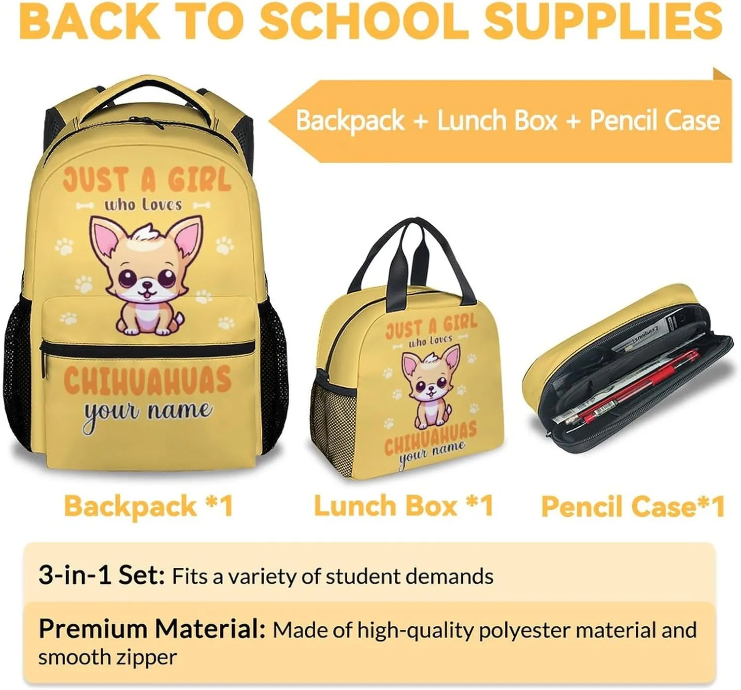 Custom Chihuahua Backpack with Lunch Box, Set of 3 School Backpacks Matching Combo, Cute Yellow Bookbag and Pencil Case Bundle